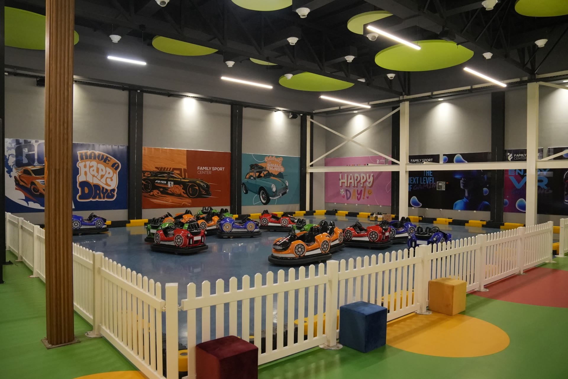 Colorful electric cars in the play hall
